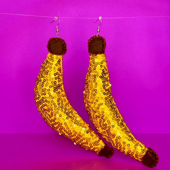 DiscoFruits Plush Sparkly Sequin Statement Disco Banana Earrings - Bright Yellow - Picture 6 of 6
